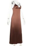 Brown Sexy Solid Color Patchwork Backless Spaghetti Strap Sling Dresses