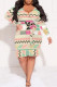 Apricot Casual National Totem Lace Up Ruffle Contrast V Neck Printed Plus Size Dresses