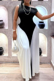 Black White Elegant Patchwork Contrast Oblique Collar Long Dresses
