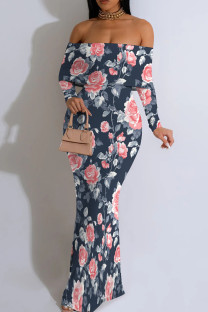 Grey Elegant Print Patchwork Backless Off Shoulder Long Dresses