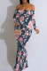 Grey Elegant Print Patchwork Backless Off Shoulder Long Dresses