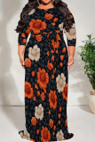 Orange Black Casual Print Patchwork O Neck Long Plus Size Dresses