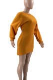 Light Gray Casual Solid Color Hollow Out Patchwork O Neck Wrapped Skirt Dresses