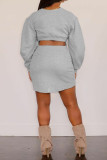 Light Gray Casual Solid Color Hollow Out Patchwork O Neck Wrapped Skirt Dresses