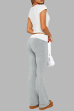 Light Gray Casual Patchwork Contrast Regular Mid Waist Patchwork Bottoms