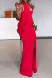 Red Elegant Solid Color Patchwork Slit Flower Shape Halter Long Dresses