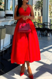 Red Elegant Solid Color Patchwork Backless Strap Design Halter Evening Dresses
