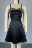 Black Sexy Solid Color Sequins Patchwork Backless Spaghetti Strap A Line Dresses
