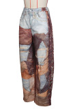 Blue Casual Print Buckle Patchwork Loose Mid Waist Conventional Full Print Bottoms