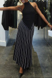 Black Casual Stripe Patchwork O Neck Two Pieces