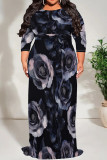 Orange Black Casual Print Patchwork O Neck Long Plus Size Dresses