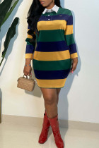 Green Casual Colorblock Patchwork Turndown Collar Straight Dresses