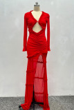 Red Sexy Solid Color Hollow Out Patchwork High Slit V Neck Long Dresses