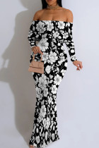 Black And White Elegant Print Patchwork Backless Off Shoulder Long Dresses