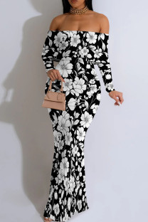 Black And White Elegant Print Patchwork Backless Off Shoulder Long Dresses