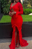 Red Sexy Solid Color Hollow Out Patchwork High Slit V Neck Long Dresses