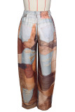 Blue Casual Print Buckle Patchwork Loose Mid Waist Conventional Full Print Bottoms