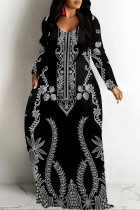 Black Casual Street Floral Print Pocket Contrast V Neck Printed Dresses