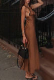 Brown Sexy Solid Color Patchwork Backless Spaghetti Strap Sling Dresses