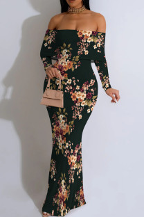 Ink Green Elegant Print Patchwork Backless Off Shoulder Long Dresses