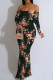 Ink Green Elegant Print Patchwork Backless Off Shoulder Long Dresses