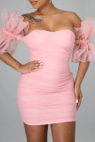 Red Sexy Solid Color Patchwork Backless Zipper Asymmetrical Collar Wrapped Skirt Dresses