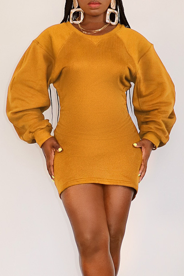 Brown Yellow Casual Solid Color Hollow Out Patchwork O Neck Wrapped Skirt Dresses