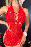 Rose Red Sexy Rhinestone Patchwork Hollow Out See-Through Backless Lingerie