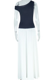 Black White Elegant Patchwork Contrast Oblique Collar Long Dresses