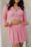 Pink Sexy Solid Color Draw String Patchwork Zipper Zipper Collar Long Sleeve Two Pieces