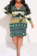 Green Casual National Totem Lace Up Ruffle Contrast V Neck Printed Plus Size Dresses