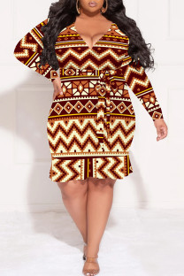 Orange Casual National Totem Lace Up Ruffle Contrast V Neck Printed Plus Size Dresses