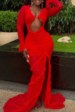 Red Sexy Solid Color Hollow Out Patchwork High Slit V Neck Long Dresses