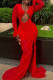 Red Sexy Solid Color Hollow Out Patchwork High Slit V Neck Long Dresses