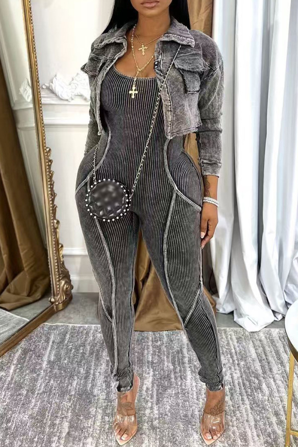 Black Casual Solid Color Pocket Patchwork Turndown Collar Long Sleeve Two Pieces