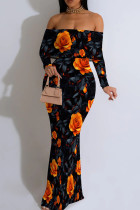 Orange Black Elegant Print Patchwork Backless Off Shoulder Long Dresses