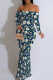 Dark Blue Elegant Print Patchwork Backless Off Shoulder Long Dresses