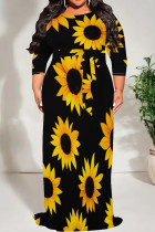 Black Yellow Casual Print Patchwork O Neck Long Plus Size Dresses