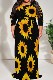 Black Yellow Casual Print Patchwork O Neck Long Plus Size Dresses