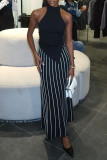 Black Casual Stripe Patchwork O Neck Two Pieces