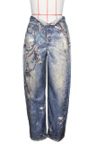 Blue Casual Print Buckle Patchwork Loose Mid Waist Conventional Full Print Bottoms