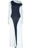 Black White Elegant Patchwork Contrast Oblique Collar Long Dresses