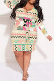 Orange Casual National Totem Lace Up Ruffle Contrast V Neck Printed Plus Size Dresses