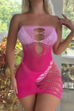 Rose Red Sexy Gradient Hollow Out See-Through Backless Lingerie