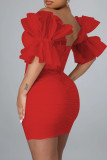 Red Sexy Solid Color Patchwork Backless Zipper Asymmetrical Collar Wrapped Skirt Dresses