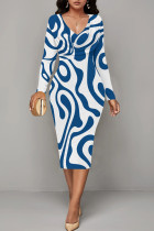 Blue Casual Stripe Patchwork V Neck Wrapped Skirt Dresses