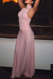 Pink Elegant Solid Color Patchwork Turtleneck Long Dresses