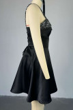 Black Sexy Solid Color Sequins Patchwork Backless Spaghetti Strap A Line Dresses