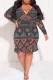 Pink Casual National Totem Lace Up Ruffle Contrast V Neck Printed Plus Size Dresses