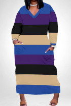 Blue Purple Casual Colorblock Pocket Patchwork V Neck Straight Plus Size Dresses